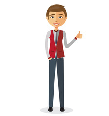 Young businessman showing thumb up vector flat cartoon illustration.