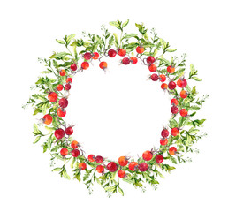 Wreath border frame with herbs, red berries. Watercolor