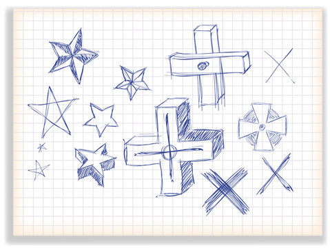 Set of stars and crosses for design, on a checkered background