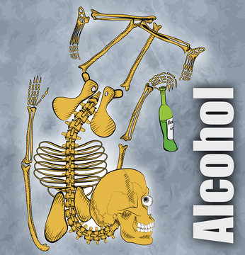 Concept on theme no alcohol. Broken skeleton with a bottle of al