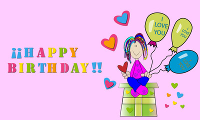 Niña feliz con globos happy birthday.