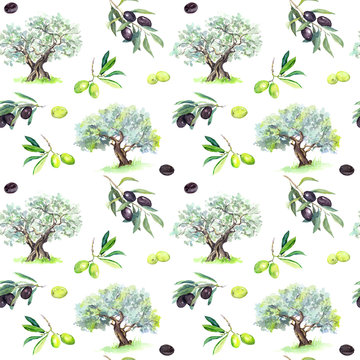 Olive branches, trees - olives seamless pattern. Watercolor