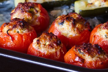 Roasted stuffed tomatoes and zuchini with ground meat