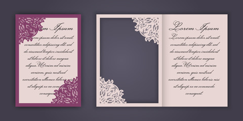 Wedding invitation or greeting card with vintage lace ornament. Mock-up for laser cutting. Vector illustration.