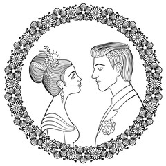 Young couple of lowers looking to each other in decorative floral frame. Woman with hairstyle decorated with flowers in evening dress and man with boutonniere. Antistress coloring page for adults.