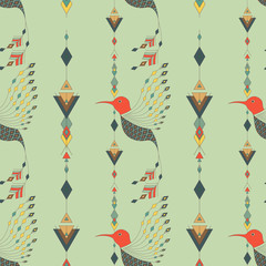 Exotic aztec birds seamless pattern. Geometric abstract tribal style. Vector illustration