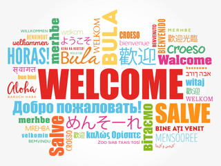 WELCOME word cloud in different languages, conceptual background
