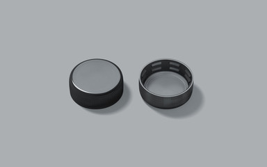 Blank black plastic bottle caps mockup set isolated, front and back side view, 3d rendering. Empty...