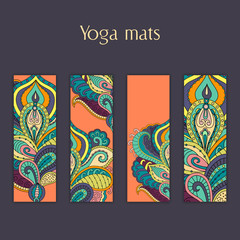 Set of yoga, pilates, meditation mats with indian hand drawn floral ornament.