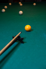Playing billiard background, cue with snooker ball