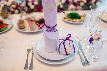 The napkin and cake standing on the plate
