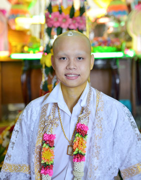 portrait of buddhist monk in temble in Bangkok, Thailand, Asian person