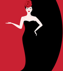 Beauty woman in black dress on red black background. Woman pointing hand towards background space