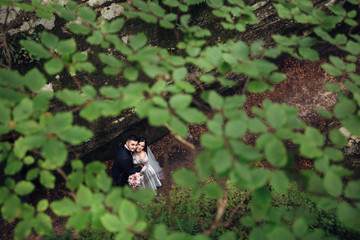 The lovely couple in love embracing in the forest