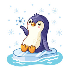 Penguin on an ice floe floats on the sea. Vector illustration of arctic animals in a children's style.