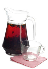 Glass cup with tea on white background