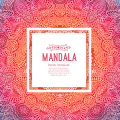 Watercolor mandala, square background. Decor for your design, lace ornament in form of round corner in oriental style