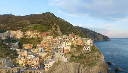 Fototapeta na wymiar Beautiful aerial view of Manarola from helicopter - Five Lands, Italy