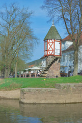 Weserpromenade mit Pegelturm im Kurort Bad Karlshafen,Hessen,Deutschland