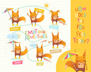 How does the fox feel today Cute cartoon animal with different mood expressions. Educational game for children. Learning handling emotions concept. Vector illustration for banner, poster, flyer.