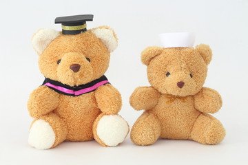 Two brown bear dolls wearing a graduation cap and a nurse hat on a white background.