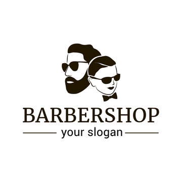 Vector logo template for barber shop. Illustration of a man with a beard and a boy in retro style.