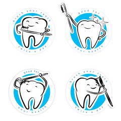 Sticker funny cartoon teeth with a toothbrush.