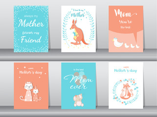 Set of Happy Mother's Day card,poster,template,greeting cards,cute,kangaroo,cats,elephant,fox,animal,Vector illustrations 