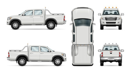 Pickup truck vector template isolated car on white background. All layers and groups well organized for easy editing and recolor. View from side front back top. - obrazy, fototapety, plakaty