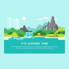 Cercles muraux Bleu clair Natural landscape with hills, mountains and waterfall. Summer time. Vector illustration.