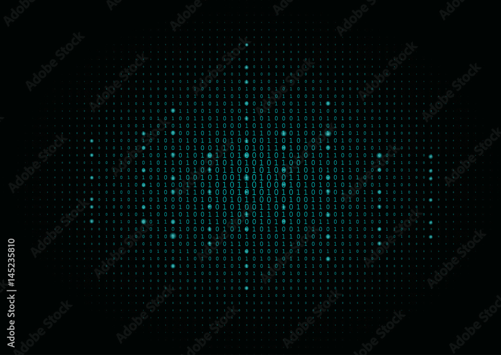 Poster binary code black and cyan blue background.