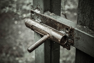 Vintage rustic lock after rain, opened wet gate.