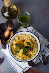 Fishballs and tagliatelle pasta dinner