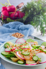 Potato salad with fresh summer vegetables, selective focus.