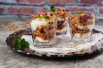 Layered dessert trifle in glass