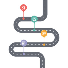 Infographic template. Four steps diagram. Winding asphalt road with color pinpointers. Vector EPS 10