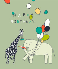 Greeting card with elephant, giraffe and toucan. Performed in the style of children's drawings.