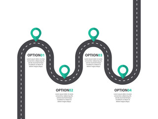 Infographic template. Double tail road with pin-pointers. Four steps or option diagram. Vector EPS 10