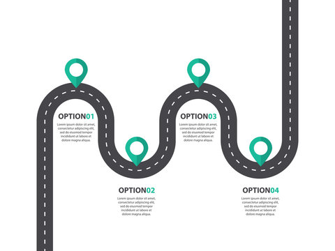 Infographic Template. Double Tail Road With Pin-pointers. Four Steps Or Option Diagram. Vector EPS 10