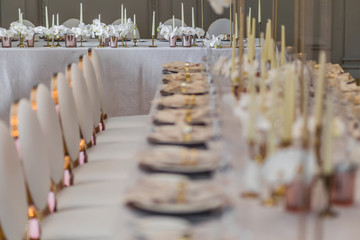 Blurred picture of chairs with round backs standing at long dinner table