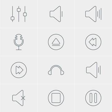 Vector Illustration Of 12 Melody Icons. Editable Pack Of Advanced, Volume Up, Rewind And Other Elements.