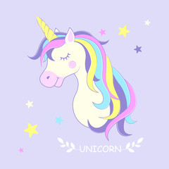 Unicorn. Vector illustration. Cute unicorn with stars in the background.