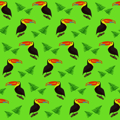 Cute colorful pattern with toucans and leaves