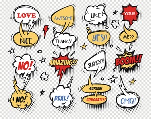 A set of comic speech bubbles and elements with halftone shadows.