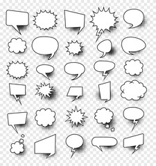A set of comic speech bubbles and elements with halftone shadows.