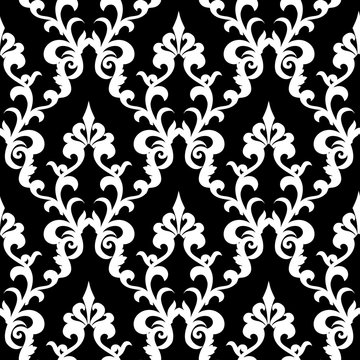 Damask seamless pattern. Floral black background wallpaper with vintage white  flowers, swirl scroll leaves and antique ornaments in Baroque style. Vector isolated texture for fabric, prints, textile.