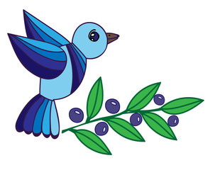 Illustration blue bird with leaf and berry isolated on the white background