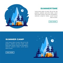 Summer camp. Night landscape with yellow tent, campfire, forest and mountains on the background. Sport, camping, adventures in nature, vacation, and tourism vector banner.