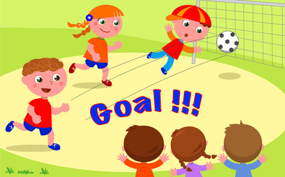 GOAL! Friends playing soccer at the park vector