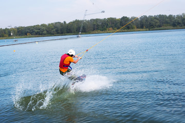 Wakeboarder in the process of training